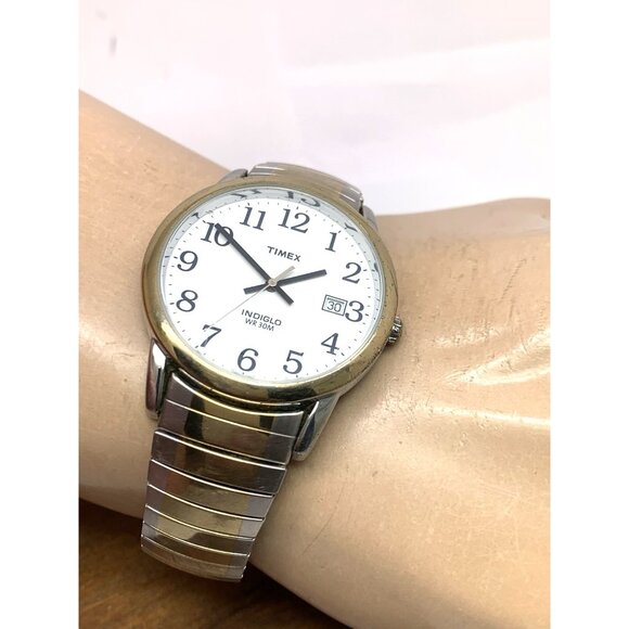 Timex Men's Watch T2H311 Indiglo White Dial Quartz Two Tone Expansion Band 35mm - Picture 5 of 14